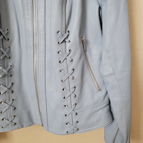 Neiman Marcus Light Blue Leather Lace-Up Moto Leather Jacket - Picture 7 of 16
